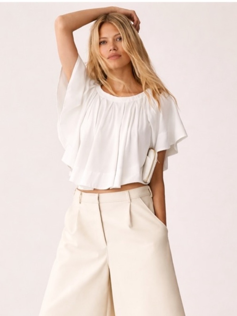 Anthropologie White Flutter Sleeve Cropped Tee
